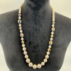 Vintage Pearl & Floral Beaded Necklace With Blue Painted Ceramic Accents 24" Gol